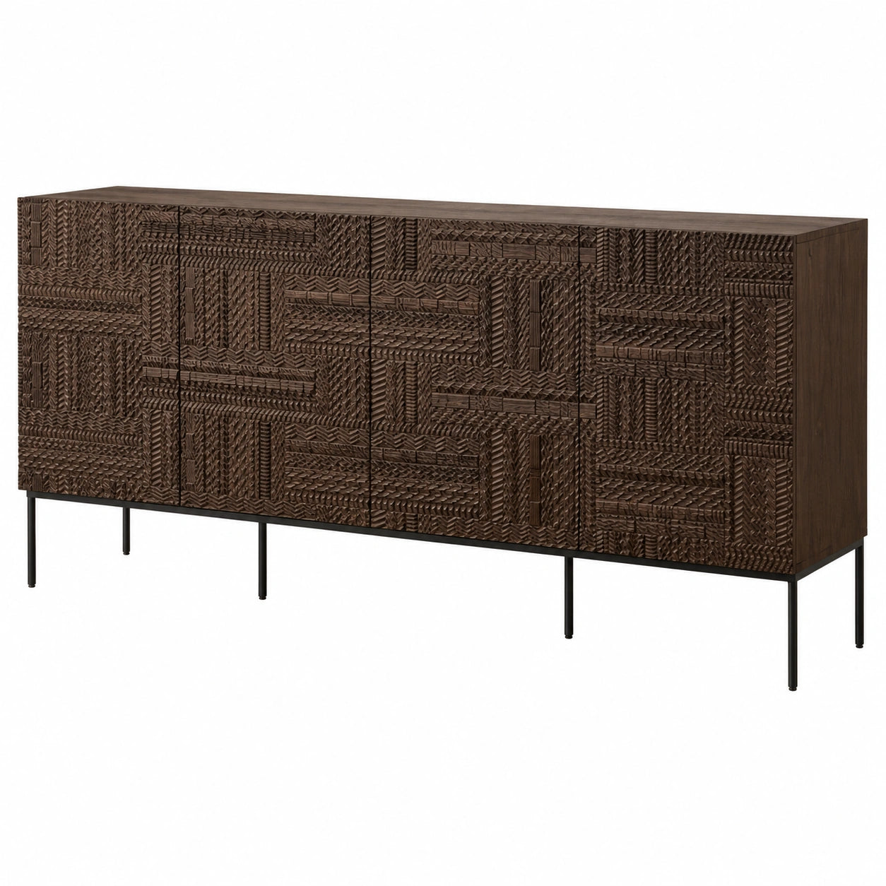 Vintage Sideboard mit handgeschnitzten Details, schwarz, für Wohn- und Esszimmer, 140x42x85 cm