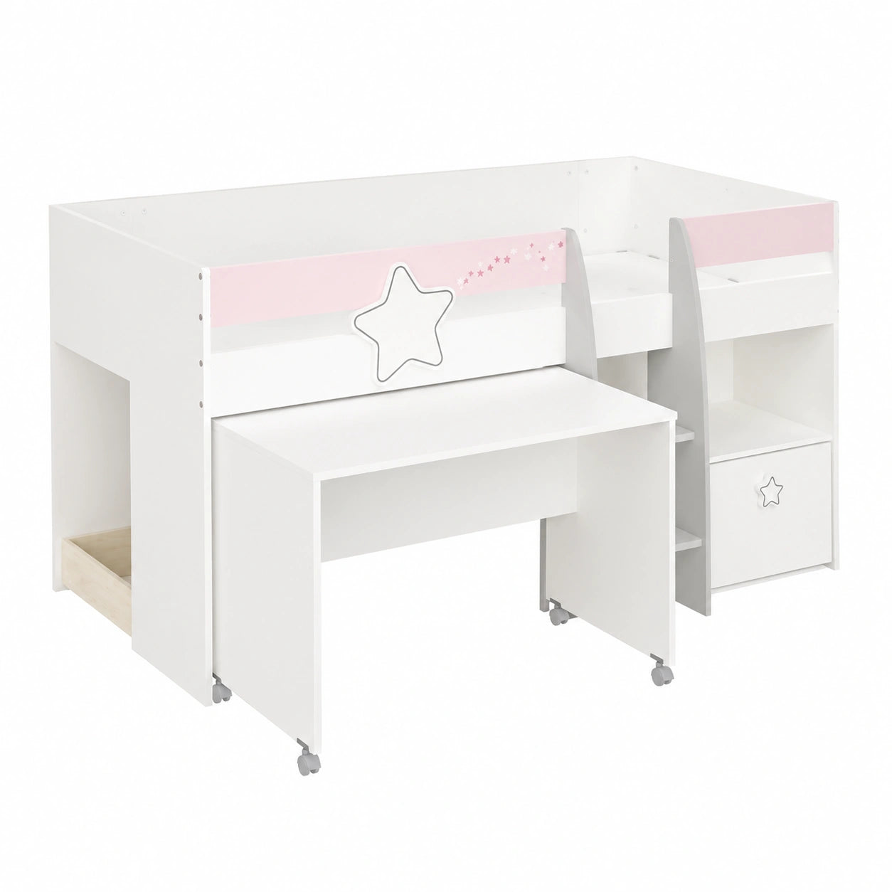 Möbelando Kinderbett Savannah in Weiß, Grau und Rosa - 204 x 103 x 109 cm