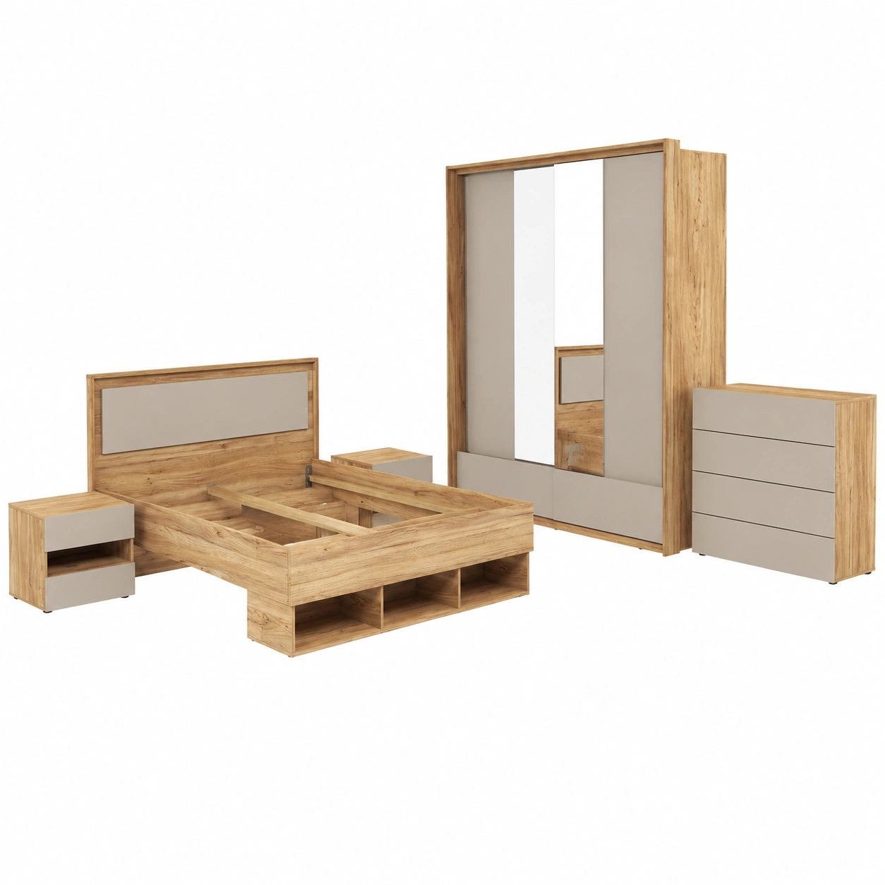 Komplettes Schlafzimmer-Set aus Eiche mit Bett 160x200 cm, 2 Nachttischen, Kleiderschrank und Kommode