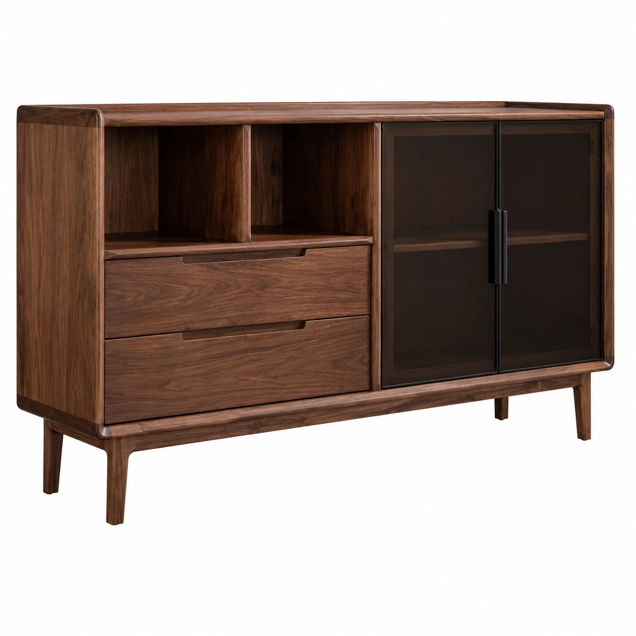 Modernes Massivholz-Sideboard aus Nussbaum mit Glastüren, 160 x 42 x 94 cm, für Geschirraufbewahrung im Wohnzimmer