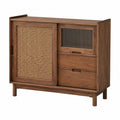 Massivholz Sideboard mit Rattan-Glasdesign, Schwarz-Nussbaum Lagerregal, Wohnzimmermöbel
