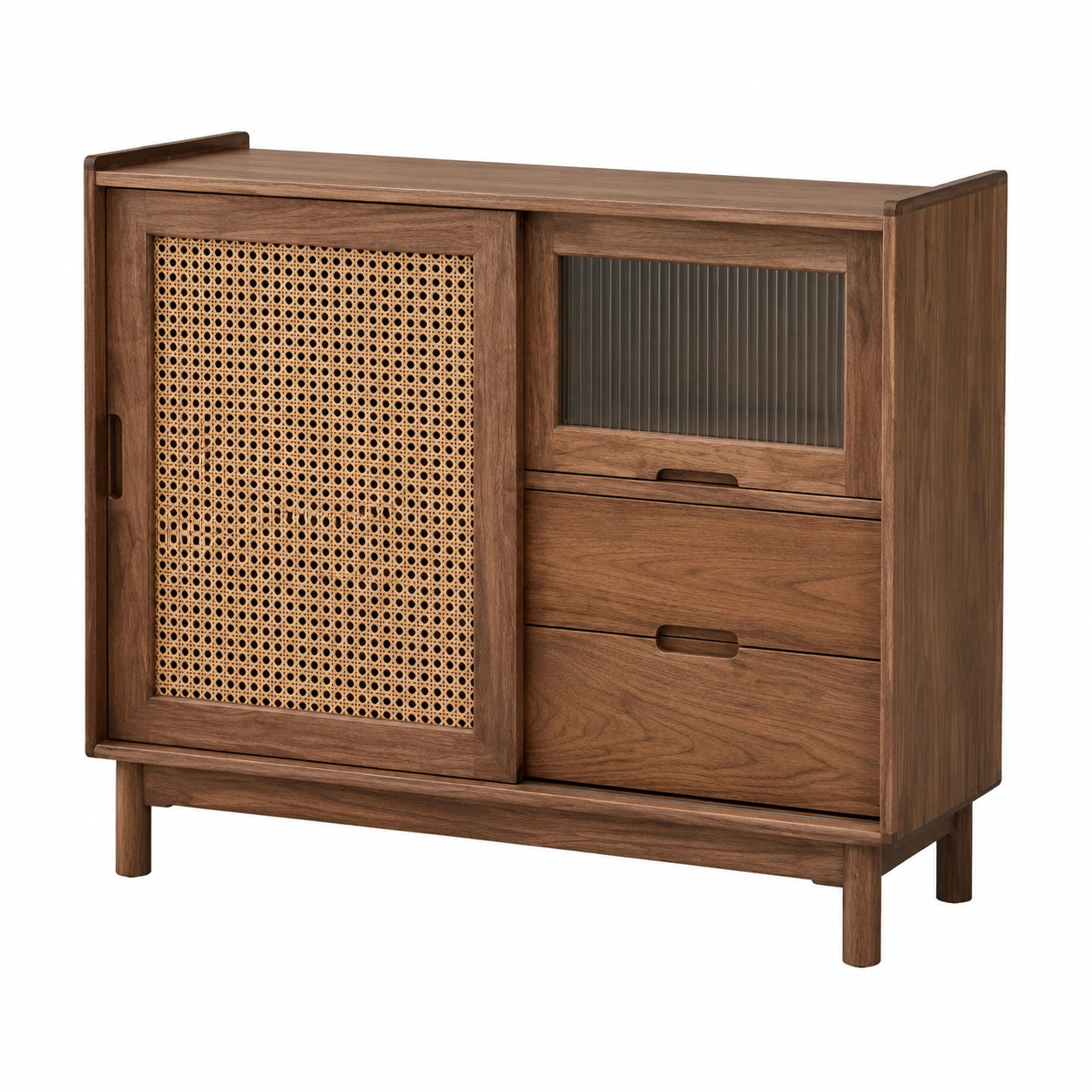 Massivholz Sideboard mit Rattan-Glasdesign, Schwarz-Nussbaum Lagerregal, Wohnzimmermöbel