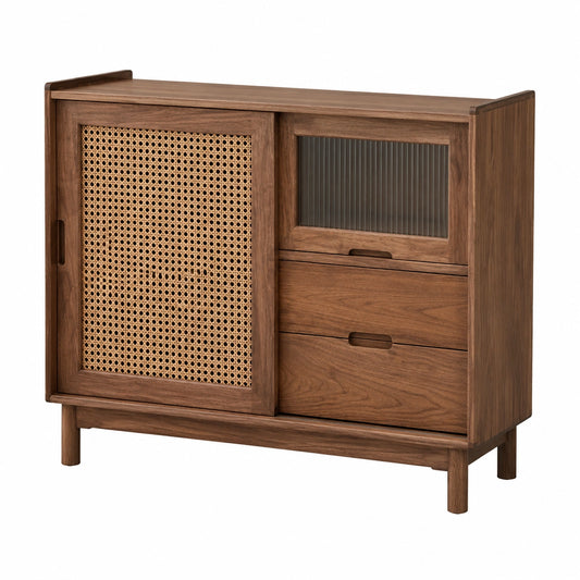Massivholz Sideboard mit Rattan-Glasdesign, Schwarz-Nussbaum Lagerregal, Wohnzimmermöbel