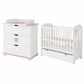 Babymöbelset mit Herz: Babybett 120x60 cm & Wickelkommode in Weiß/Rosa