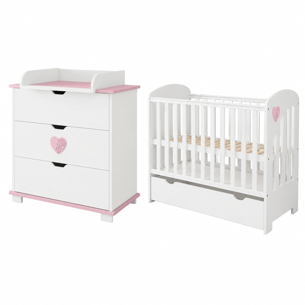 Babymöbelset mit Herz: Babybett 120x60 cm & Wickelkommode in Weiß/Rosa